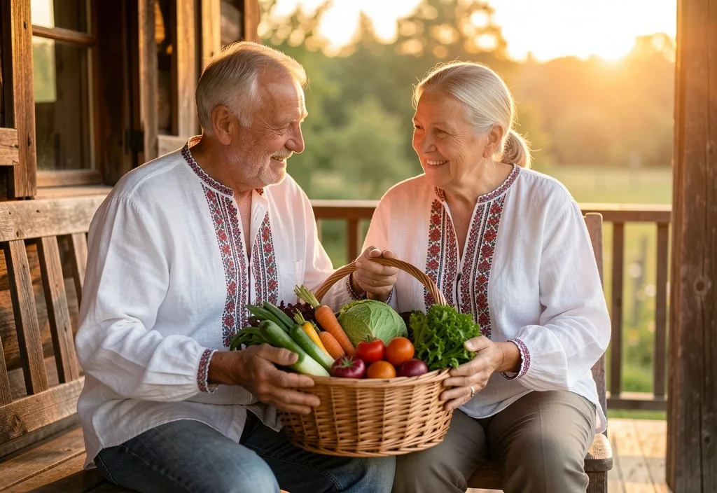 Cuplu în vârstă plimbându-se prin satul românesc