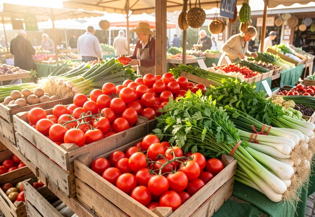 Tarabă cu legume proaspete la piața românească